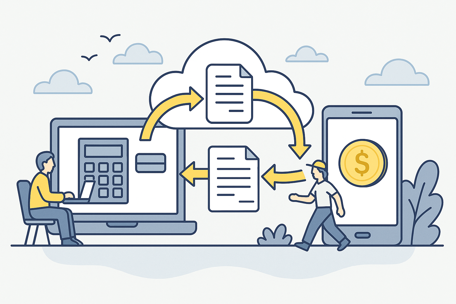 Illustration eines cloudbasierten E-Invoicing-Prozesses: Ein Lieferant sendet digital eine Rechnung an eine Cloud-Plattform, die diese verarbeitet und die Zahlung automatisiert an den Lieferanten zurückführt. Darstellung in modernem Flat Design mit Symbolen für Laptop, Cloud, Dokument und Münze.