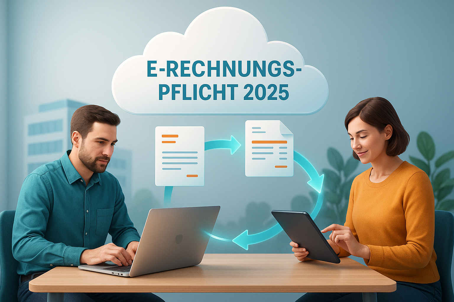 E-Rechnungspflicht 2025 im Büro „Realistische 3D-Illustration zur E-Rechnungspflicht 2025: Zwei Personen tauschen digitale Rechnungen über eine Cloud aus. Die Szene symbolisiert den modernen, automatisierten Rechnungsprozess im Mittelstand – im Procurion-Farbschema mit Türkis-, Grau- und Orangetönen.